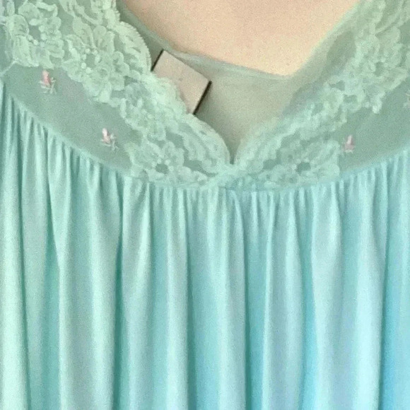 Vintage Shadow Line L Aqua SILKY NYLON Nightgown Negligee Gown Pink Rose USA - Picture 4 of 12